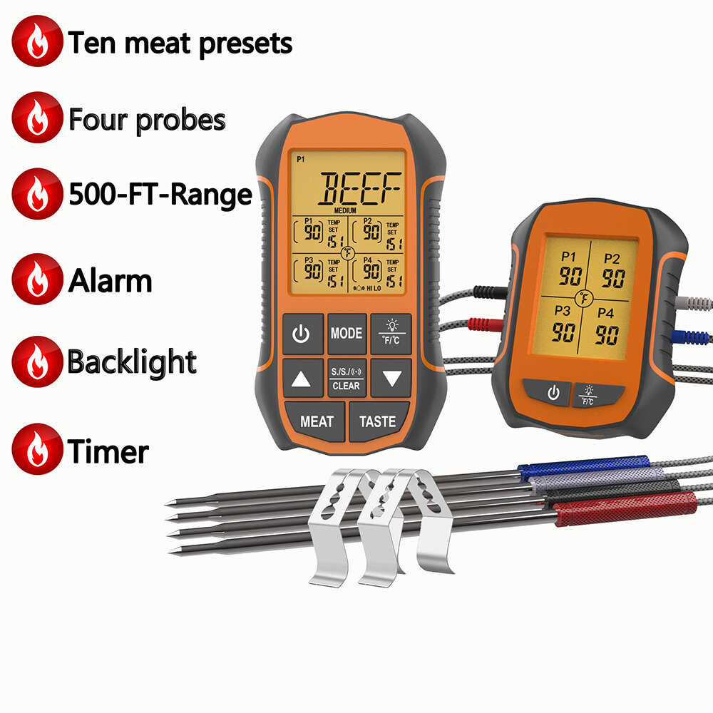 bluetooth Kitchen Oven Thermometer Four Probe Electronic Wireless Food Thermometer Dual Alarm Modes Electronic Kitchen Thermometer