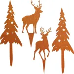 Pack of 4 Rust Stake Christmas Tree and Deer Christmas Decoration Rust Garden Stakes Christmas Trees Reindeer Christmas Decoration Outdoor Autumn Decoration