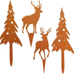 Pack of 4 Rust Stake Christmas Tree and Deer Christmas Decoration Rust Garden Stakes Christmas Trees Reindeer Christmas Decoration Outdoor Autumn Decoration