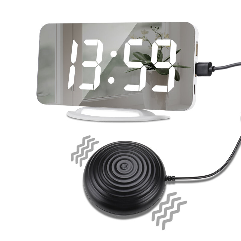 LED Mirror Digital Alarm Clock USB Rechageable Auto Light Sensitive With Alarm Vibrator 2 Alarm Mode