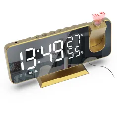 AGSIVO 7.4\ LED Digital Projection Alarm Clock With FM Radio / Rotating Projector / Mirror Surface / Temperature Display / Humidity Display / Snooze / External USB Charger