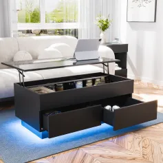 LED Lift Coffee Table with USB Power Source Middle Support Rod 60 lbs Load-Bearing Capacity High Gloss Surface Adjustable RGB Lights Hidden Storage Drawers