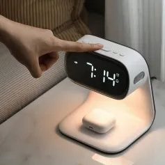 Portable Bedroom Touch Control Bedside Table Lamp Dimmable Digital Alarm Clock Wireless Charging Station for Bedroom, Bedside Office
