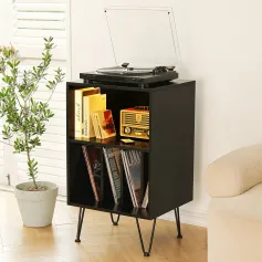 Hommpa Turntable Stand Black Record Player Stand with Vinyl Storage and LED Light Vinyl Record Storage Cabinet Holds Up to 100 Albums Record Player Table for Living Room Bedroom Office