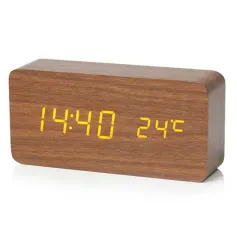 Ki ap dirije Elektwonik Wooden Alam tanperati Tanperati a Montre USB + Batri Doub Ekipman pou pouvwa dijital revèy ki ap dirije Alam revèy ak tanperati Biwo Revèy pou Revèy Bedside