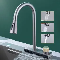 Rubinetto per lavello da cucina AGSIVO a cascata con 3 modalità, spruzzatore estraibile, rotazione di 360 gradi, foro singolo, maniglia singola, acciaio inossidabile 304
