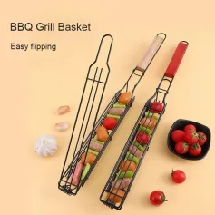 2PCS Stainless Steel Wooden Handle BBQ Grill Basket Sausage Hot Dog Basket Non-stick Barbecue Cages Barbecue Grill Grate Camping Picnic Cookware Outdoor