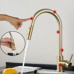 Rubinetto da cucina estraibile con sensore touch in oro spazzolato, rotazione a 360°, rubinetto da cucina intelligente, rubinetto con sensore, miscelatore monocomando