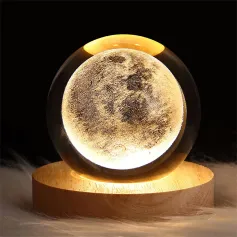 Lampada da notte a sfera di cristallo 3D con base in legno a LED, luce da comodino, decorazione per la casa, regalo di Natale