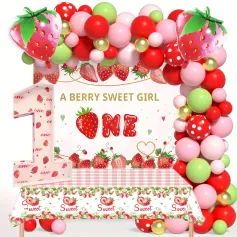 205PCS Strawberry Party Decor Balloon Set Strawberry Balloon Garland Arch Kit with Strawberry Print Marquee 1 Berry One Backdrop 1st Birthday Girl Strawberry Party Supplies Tablecloth