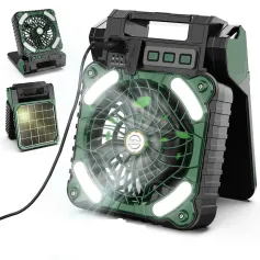 Ventilador solar multifuncional para barraca de acampamento 5 em 1, bateria de 7800 mAh, banco de energia, luz LED, painel solar, sistema de resfriamento com eficiência energética