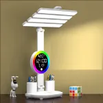 4-Head Table Lamp With RGB Ambient Light & Clock Time Date Display Pen Holder Desk Lamp Reading Light