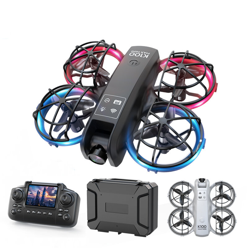 XKJ K100 MAX MINI WiFi FPV with LCD Screen Controller HD Dual Camera Optical Flow Hover Dazzling Lights Circle Protection Kids Gifts 2.4G 4CH 6-Axis Remote Control RC Toys Drone Quadcopter RTF