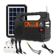 Portable Solar Generator with Solar Panel Radio BT Speaker Phone Charger Flashlight Power Station Built-in 3600mAh Rechargeable Battery for Outdoor Camping Emergency Illumination System with 3Pcs External Light Bulb