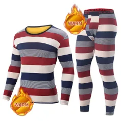 TENGOO 2 Pcs Men's Striped Thermal Underwear, Compression Thermal Base Layer Set, Comfy Moisture Wicking & Breathable Basic Long Sleeve & Leggings Casual Men Warm Underwear Set, Long Johns Set, Men's Thermal Clothing