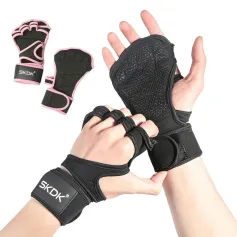 SKDK 1Pair Weight Lifting Fitness Sports Gloves Non-slip Breathable Sweat-wicking Silicone Palm Extended Strap Wrist Guard Gloves for Gym Power Training