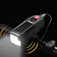 BENGGUO Solar Rechargeable Bike Headlight LED Super Brightness 1800mAh Battery Waterproof 4 Light Modes Warning Flashlight with 120dB Horn for Night Cycling