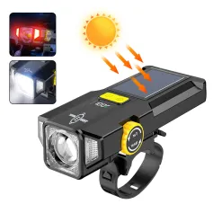 BIKIGHT Solar Rechargeable Zoomable Bicycle Headlight 1600mAH Anti-glare Red Warning Lamp Type-C Charging Bike Front Light for Night Riding Safety