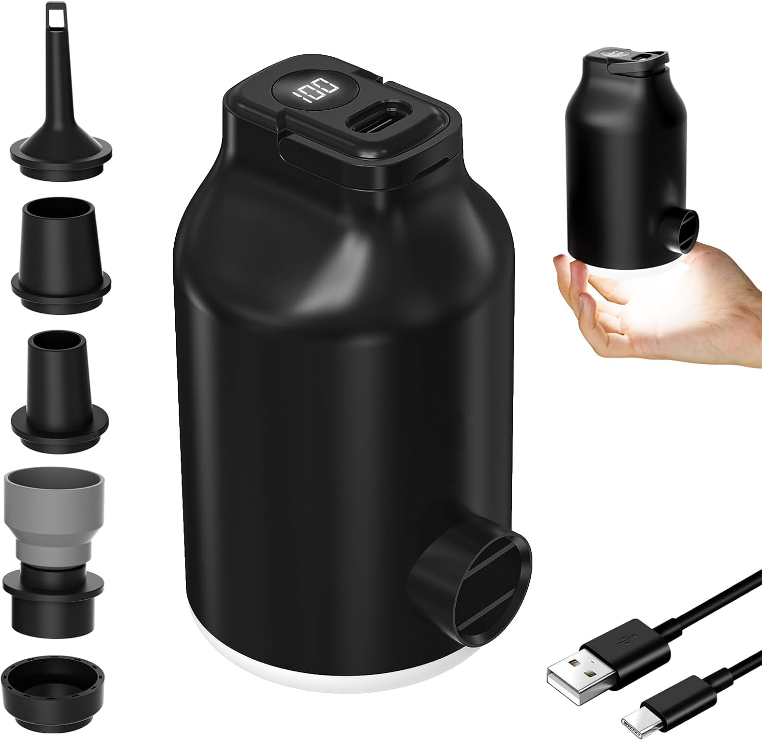 IPRee 3 in 1 Electric Air Pump With Battery For Inflatable Bed, Vacuum Bags, 5 Camping Nozzles & Rapid Swelling And Deflated, Travel Pump For Swimming Rings, Floating