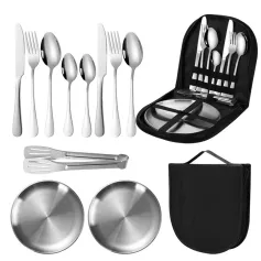 IPRee 11pcs Stainless Steel Flatware Set for Camping, Hiking & Outdoor Dining - Polished Finish Portable Cutlery Kit with Plates, Spoons, Forks, Travel Utensil Set for Picnics & Backpacking