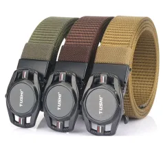 Tushi Smart Tactical Belt Automatic Quick Unlock Buckle Premium Nylon Canvas Casual Belt for Outdoors Camping Hiking Fishing Cycling