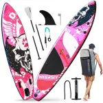 [US Direct] WKERSIY Inflatable Stand Up Paddleboard Surfing Board 6 In-ch Surfboard Surf Set with Paddleboard Surf Fin Coiled Leash Inflator Pump and Carry Bag SYFC320SKULL