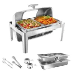 Warmounts 9QT Rectangular Roll Top Chafing Dish Buffet Set, Stainless Steel Catering Server Food Warmer with Glass Lid & Holder, Fuel Holder for Parties Wedding 63x44x42.1 cm