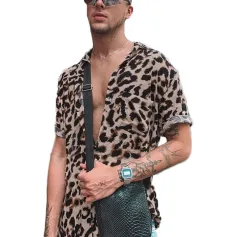 ÚTI Sumar Leopard Print Treyjur Tíska Karlar Stutt Sleeve Lapel Skyrta Casual Blóma Blússa Karlar Hawaiian Beach Tops