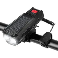 Solar Charging Bike Headlight 400Lm Brightness 200m Distance Range 2000mAh Battery Waterproof 3 Light Modes Warning Flashlight with 130dB Horn for Road Mountain Bicycle