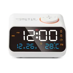 Multi-Functional LED Voice Control Clock Hygrometer FM Radio Dual Alarms Adjustable Brightness Temperature Humidity Display USB Charging