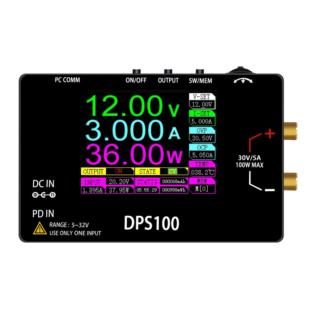 DPS100 DC Power Supply 2.4-inch HD Screen 100W Output Type-C DC Input Adjustable Voltage and Current 10 Preset Outputs