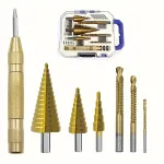 7PCS Titanium-Coated HSS Co Step Drill Bit Set High-Speed Steel for Metal Wood Plastic Precision Cutting with Automatic Center Punch Spiral Twist Bits