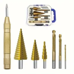 7PCS Titanium-Coated HSS Co Step Drill Bit Set High-Speed Steel for Metal Wood Plastic Precision Cutting with Automatic Center Punch Spiral Twist Bits