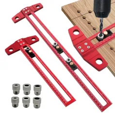 2 in 1 Woodworking Drilling Positioning Scribing Ruler Aluminum T Square Dowelling Jig Metric Inch Scale 6/8/10mm Sleeves TH-300mm TH-500mm