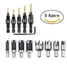 14pcs Wood Plug Cutter Drill Cutting Tool Drill Bit Set Straight And Tapered Taper Woodworking Cork Drill Bit 5/8" 1/2" 3/8" 1/4"