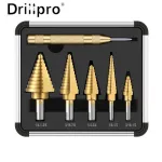 Drillpro 6PCS Premium Titanium-Coated HSS 4241 Step Drill Bit Set by Pro-Drills Variety Pack (1/8\\ to 1-3/8\\) High-Speed Steel Center Punched Design Ideal for Woodworking and Home Improvement