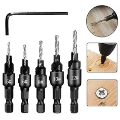 5PCS Countersink Drill Bit Set +1PC Wrench Wood Tools Carpentry Woodworking Drill Bit Pilot Holes Hex Shank Screw Size #5 #6 #8 #10 #12