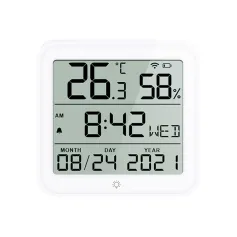 WiFi Connected LCD Display Temperature and Humidity Monitor with Multi-Function Clock and Alarm Features Supports Celsius and Fahrenheit Long Standby Time Ideal for Indoor Environment Monitoring