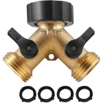 Solid Brass 2 Way Y Valve Garden Hose Connector Splitter Adapter 3x3x2 inches with Moderate Grip and Rubber Finish - Ball Valve Dual Ports