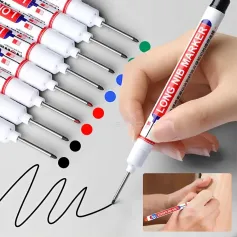 10pcs Multi Purpose Deep Hole Marker Pens Long Nib Design 20mm Tip Waterproof Ink Black Blue Red Marking for Woodworking Construction Industrial Use
