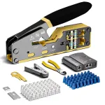 RJ45 Crimp Tool Kit Pass Through Crimper Cable Tester Wire Cutter Cat6 Connectors Strain Relief Boots Ethernet Network Installation Tools Multi-function Crimping Stripping Cutting