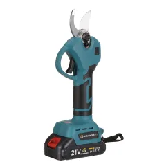 Tesoura de poda sem escova VIOLEWORKS 21V com bateria de 1500mAh e carregador europeu em azul e preto - Caixa de plástico compacta com etiqueta CE e abertura de 30 mm.