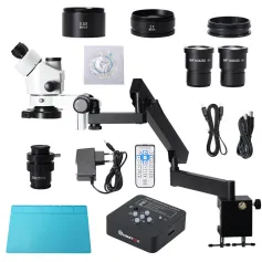MUSTOOL 3.5X - 90X Articulating Arm Pillar Clamp Zoom Simul Focal Trinocular 4K Stereo Microscope + 34MP Video Camera For Industrial PCB