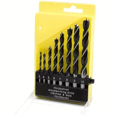 8-Piece Woodworking Drill Bit Set High Carbon Steel Brad-Point Tip 3mm to 10mm Fits Hand Electric Drills with Plastic Case
