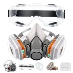 Reusable Half Face Cover Gas Mask with Safety Glasses Double Filtration for Chemical Organic Vapor Welding Woodworking Protection