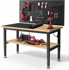 ENJOYWOOD WB0102-Plus 60 Inch Workbench with Pegboard & Rubber Pad / Adjustable Height / 2000 LBS Load Capacity / Power Outlet for Woodworking Garage Workshop Office Shop