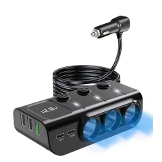 8 in 1 Car Charger Adapter 3 AC Outlets Dual USB Type C QC3 0 PD 36W Fast Charging 12V 24V Compatible Independent Switches LED Voltmeter