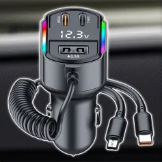 High Speed Car Charger 2 in 1 Retractable USB Cable PD 30W with 3 Ports for Efficient Phone Charging