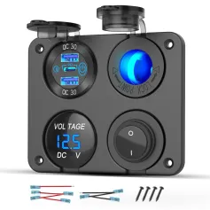 4 1 12V మెరైన్ స్విచ్ ప్యానెల్ డ్యూయల్ PD30W QC18W కారు USB పోర్ట్ అల్యూమినియం ఛార్జర్ 150వాట్ కార్ సాకెట్ బ్లూ LED వోల్ట్ మీటర్ మరియు రాకర్ స్విచ్