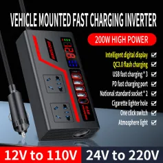 Araba İnvertörü 12V ila 110V 24V ila 220V Çok İşlevli 200W Araba Kamyon Dönüştürücü Akıllı Dijital Ekran Araba Şarj Soketi